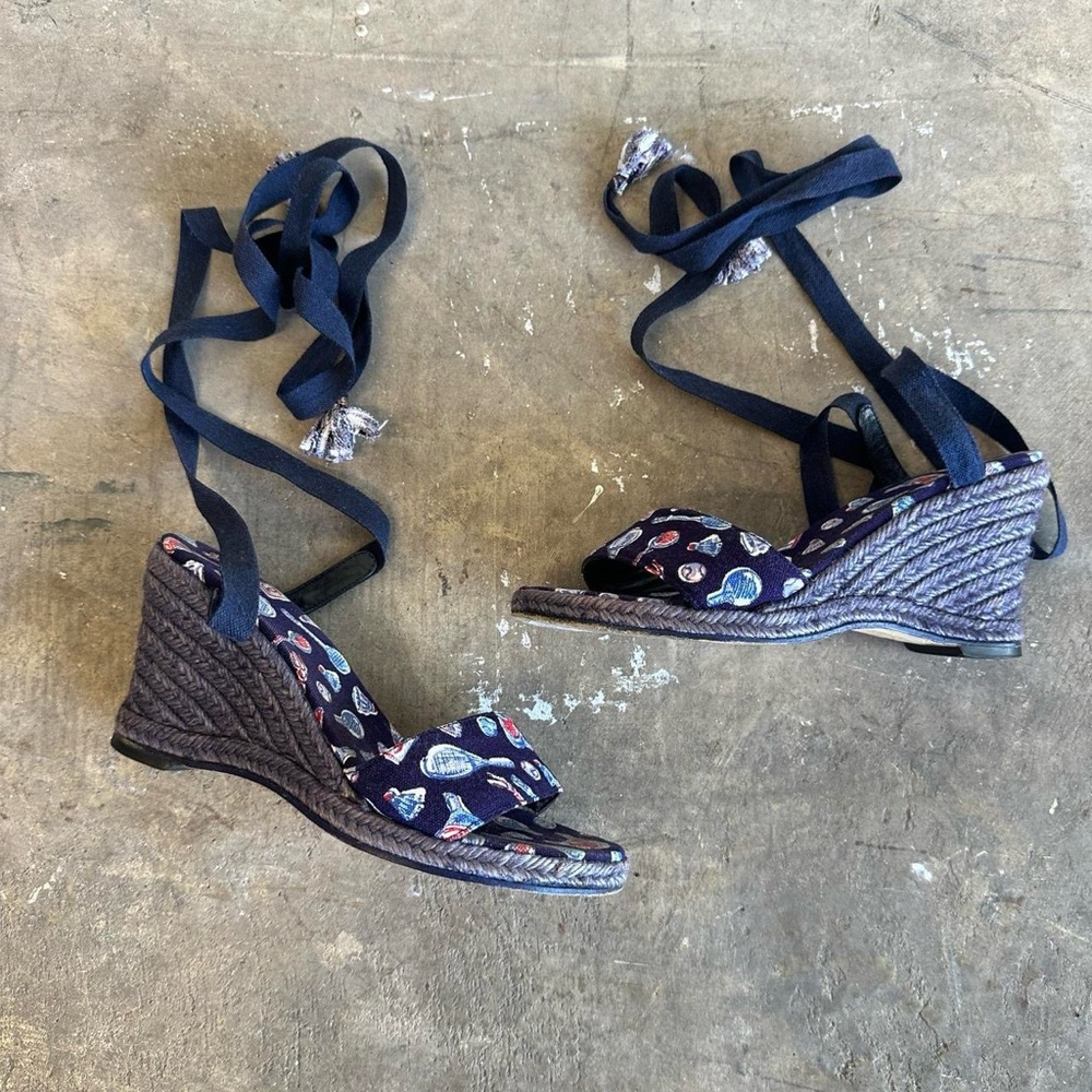 Chanel Badminton Print Lace Up Wedges Size 7 - Picture 3 of 7